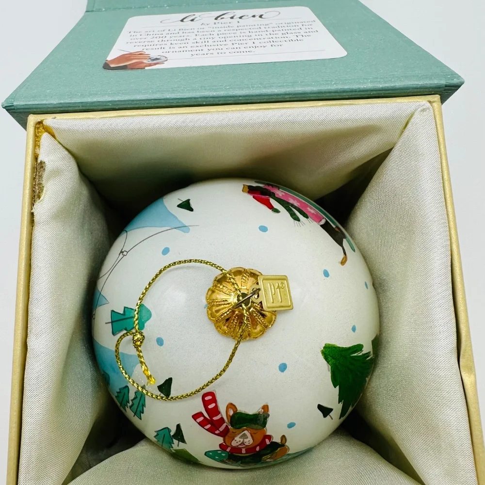 Pier 1 One Imports Li Bien Dogs Skiing Reverse Painted Christmas Ornament 2019